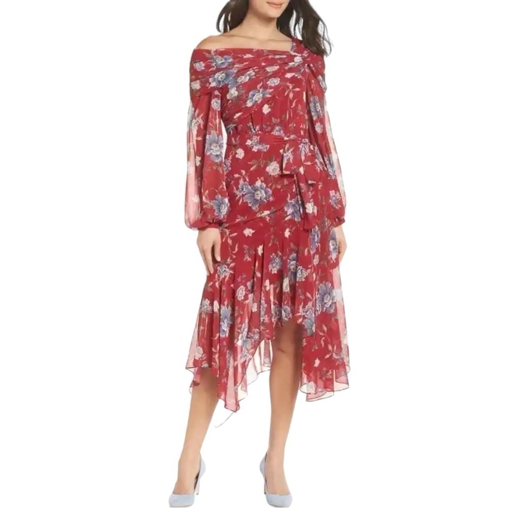 Ever New Red Floral Asymmetrical Off-The-Shoulder Dress Size 12